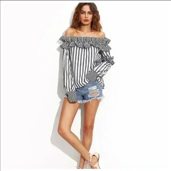 Mixed Stripe Ruffle Off The Shoulder Top - Picture 6 of 6